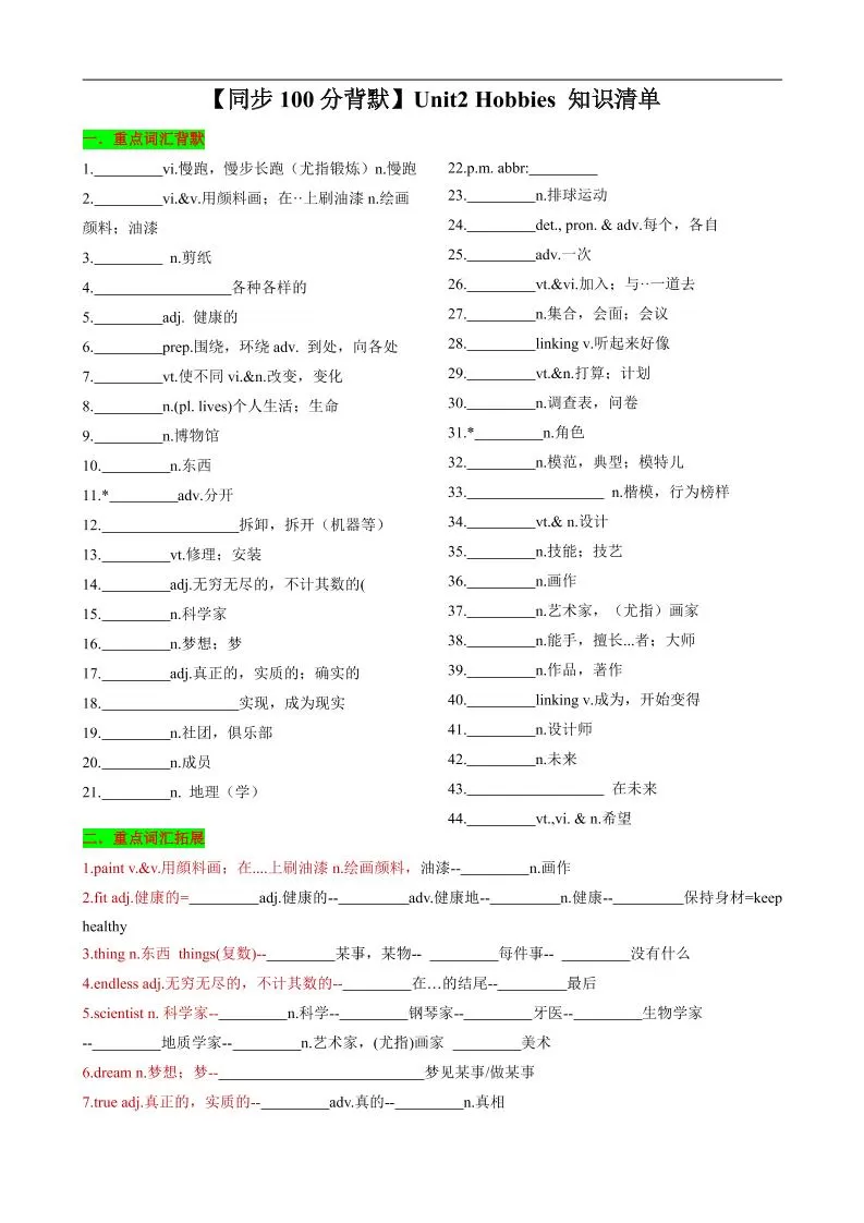 七年级上英语Unit2知识清单背默-大象资料网