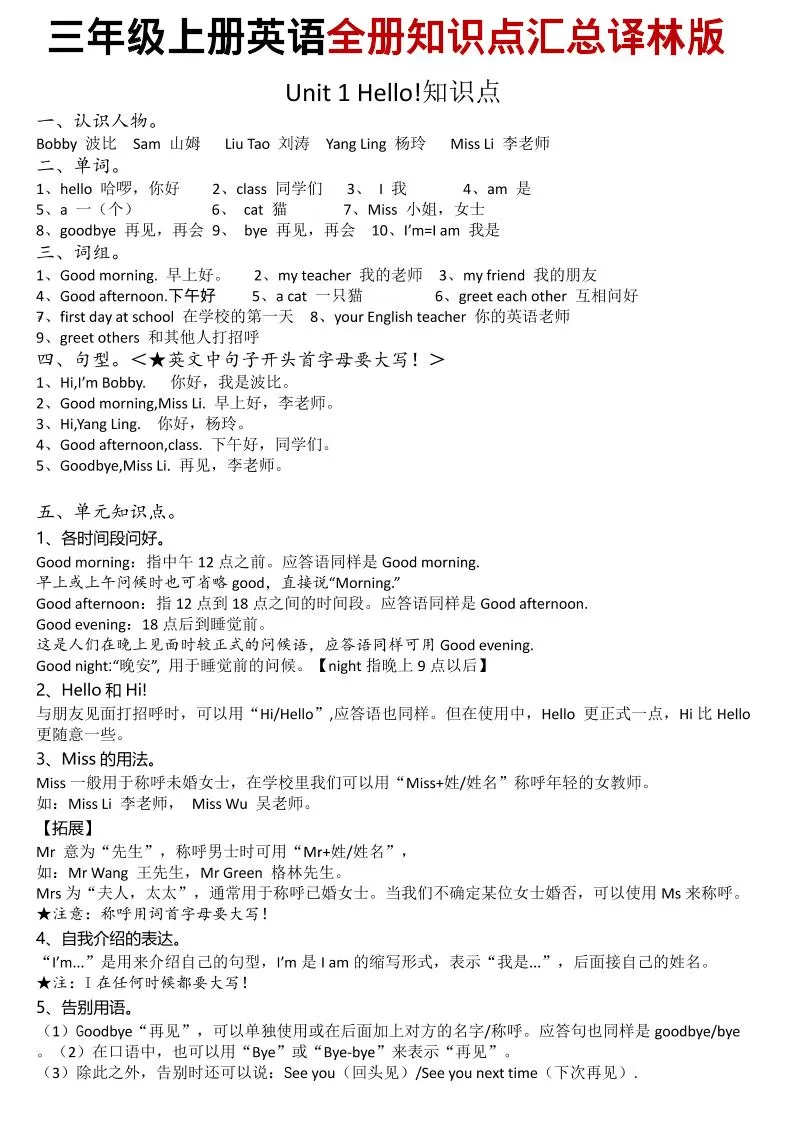 三年级上英语知识点汇总《译林版》-大象资料网