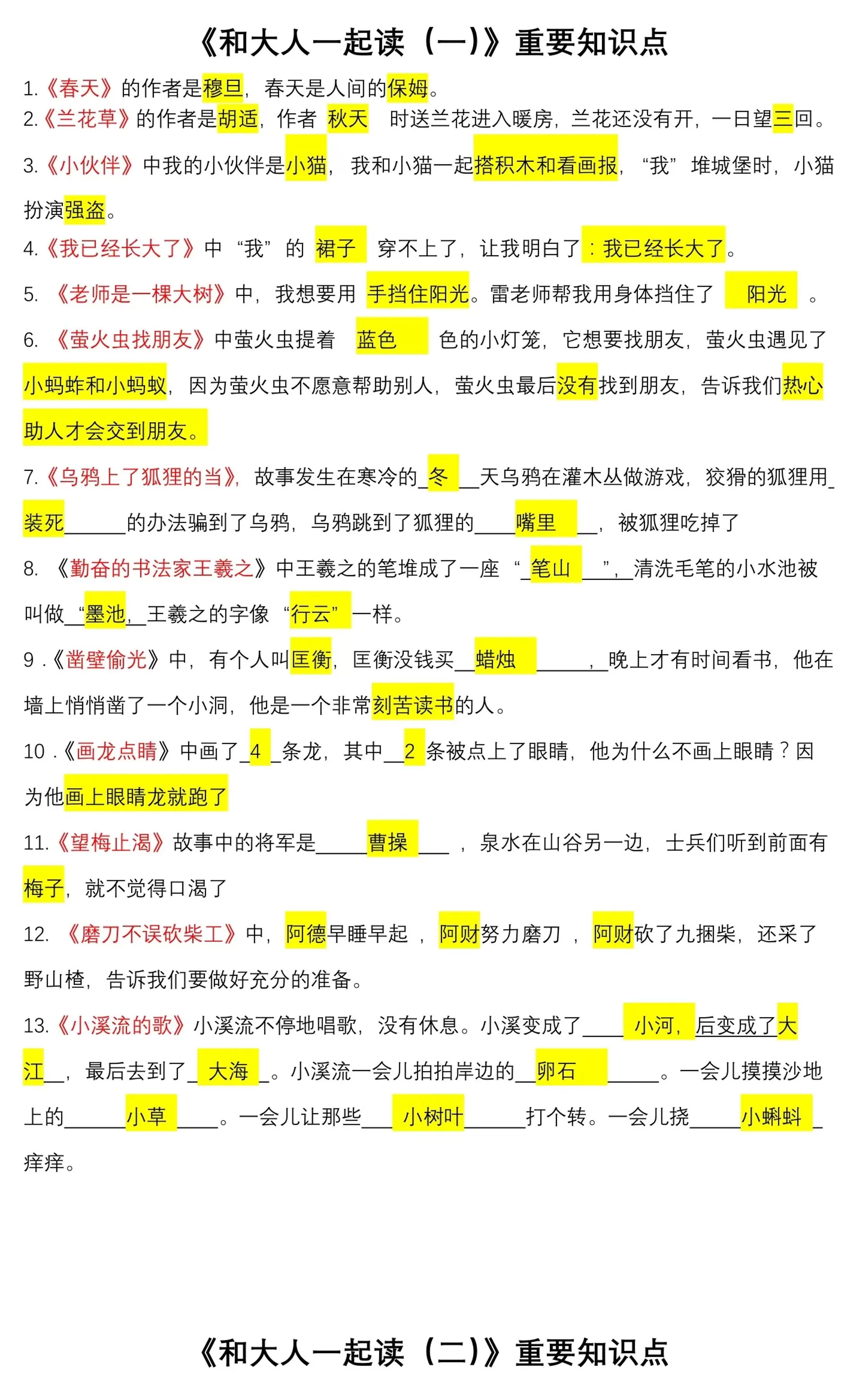 一上语文《快乐读书吧》常考知识点-大象资料网