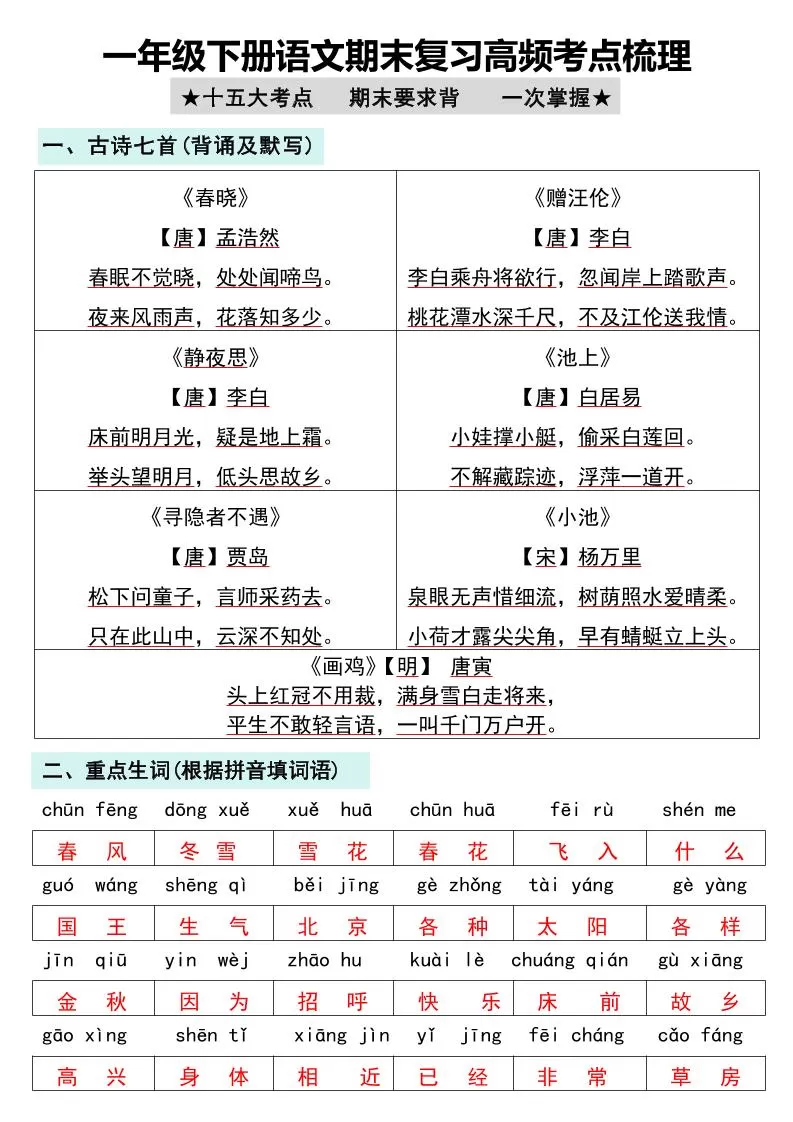 一年级下册语文期末复习高频考点梳理-大象资料网