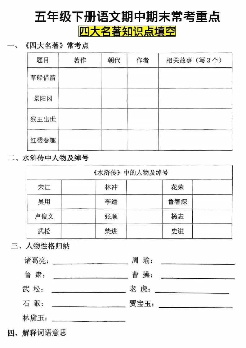 五年级下语文四大名著知识点填空-大象资料网