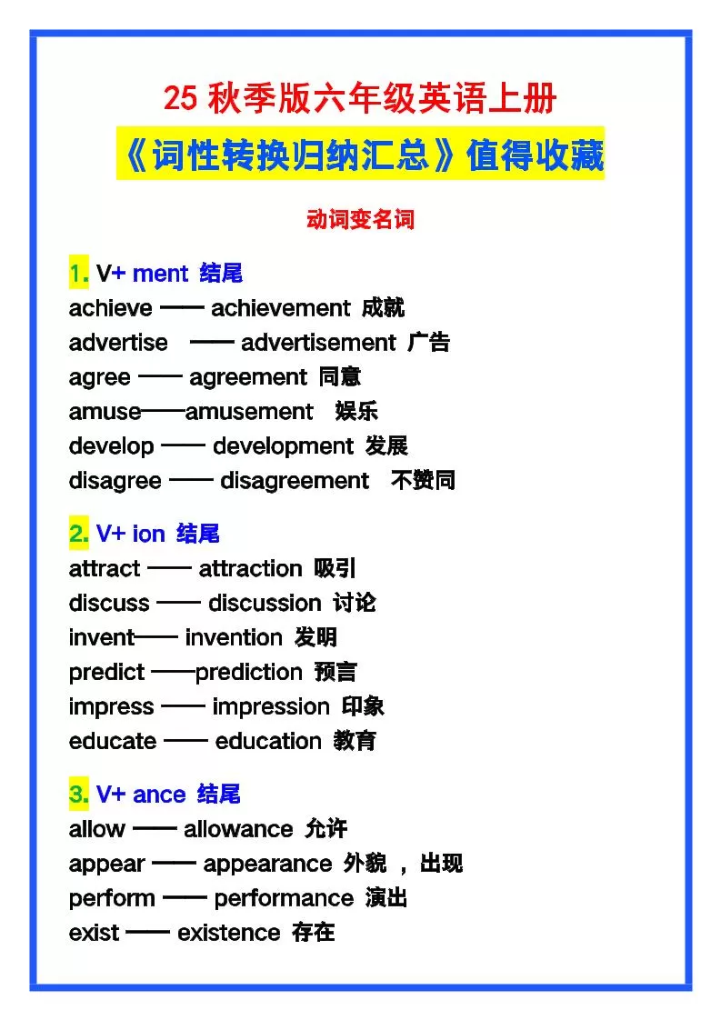 【2025秋新版】六年级英语上册《词性转换归纳汇总》，值得收藏！-大象资料网