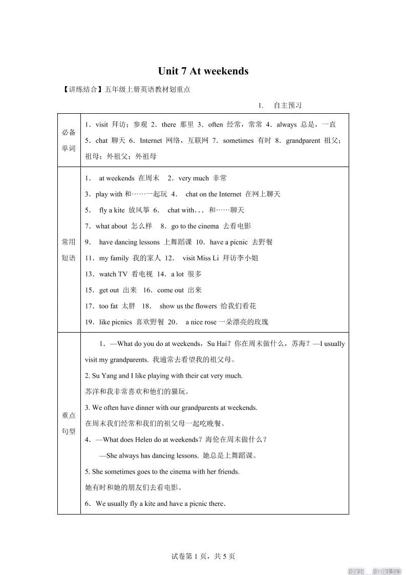 【单元热点难点】译林版（三起）英语五年级上册Unit7Atweekends教材划重点-大象资料网