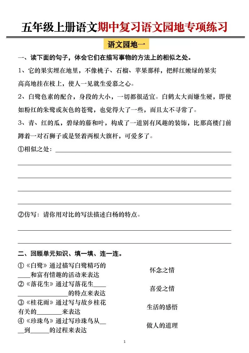 五年级上册语文期中复习语文园地专项练习（空白）-大象资料网