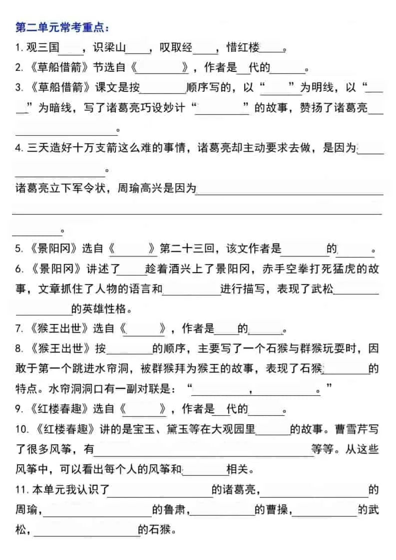 五年级下语文1-8单元常考重点内容填空