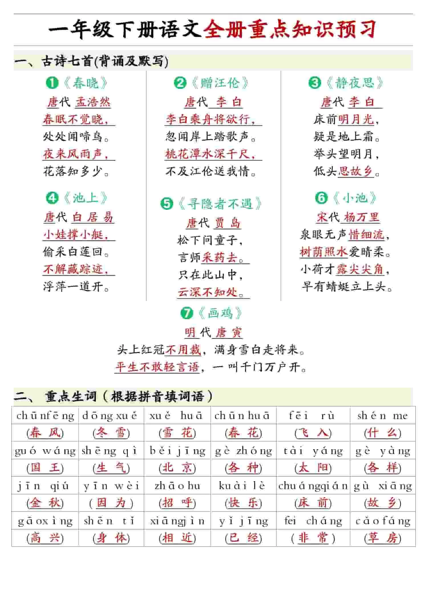 一年级下语文重点知识预习-大象资料网