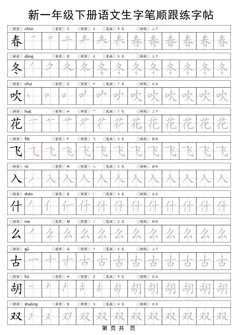 一年级下语文生字笔顺跟练字帖-大象资料网