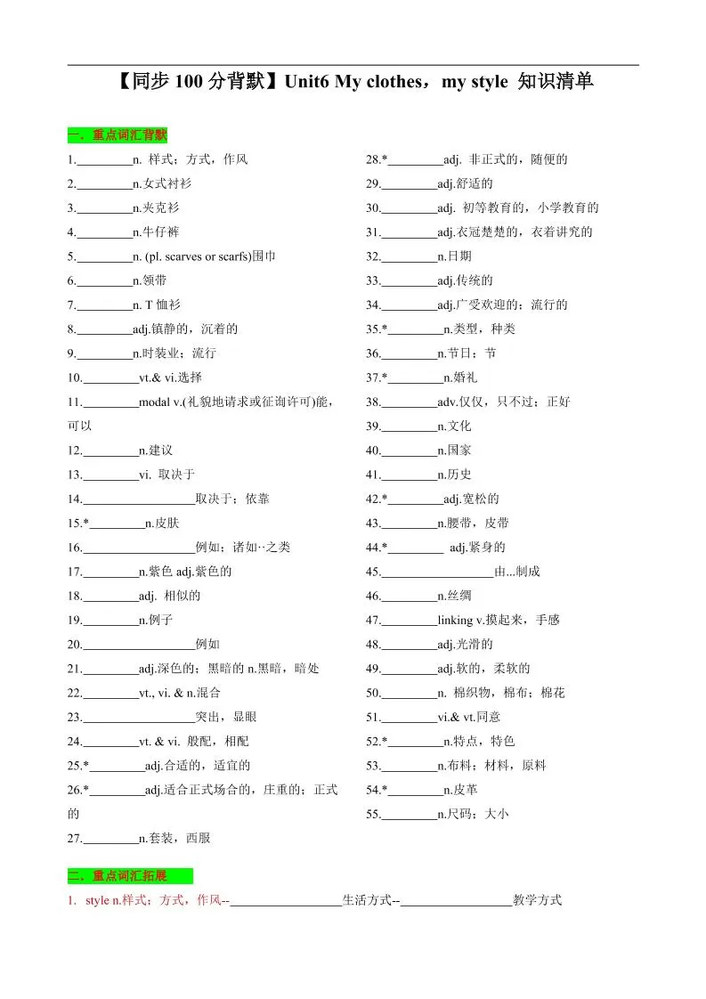 七年级上英语Unit6知识清单背默-大象资料网