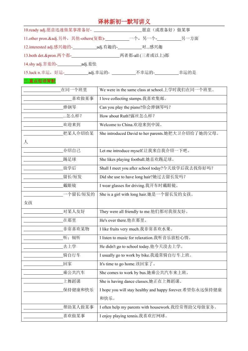 七年级上英语Unit1知识清单背默