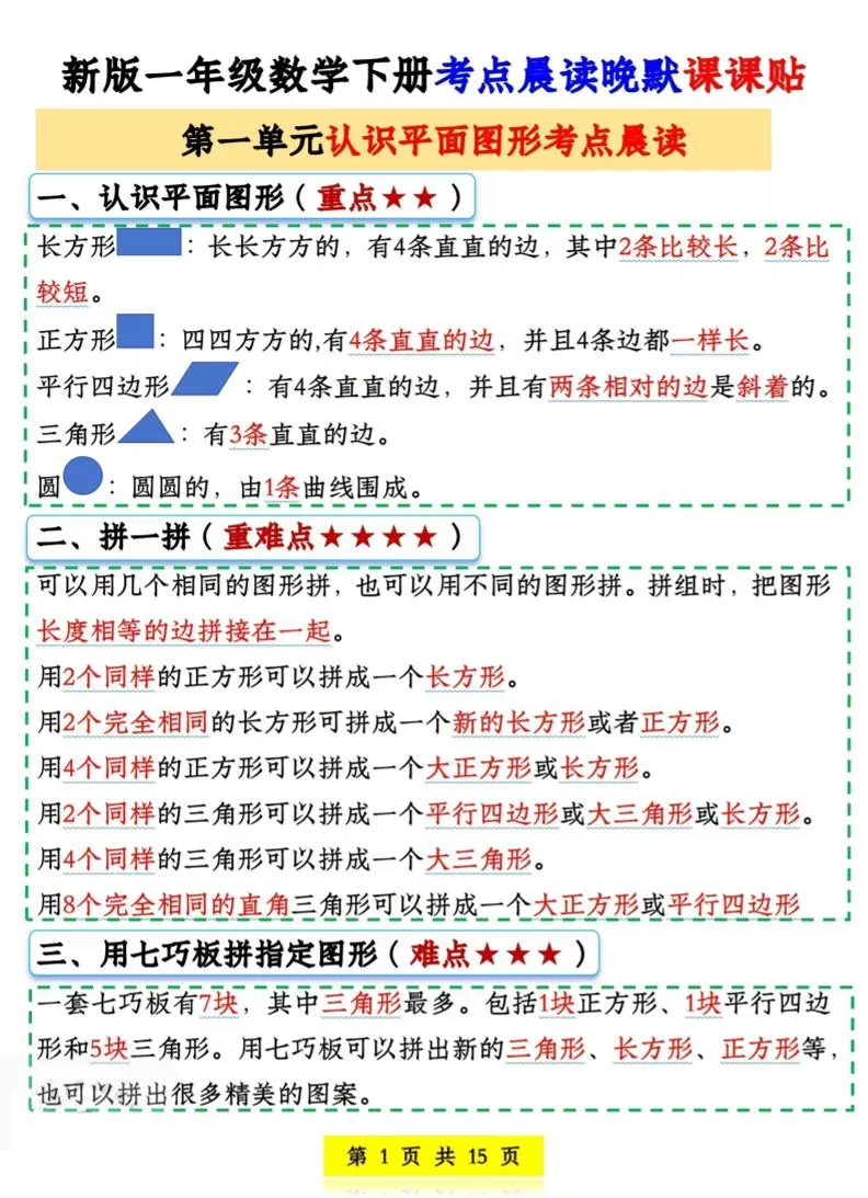 一年级下数学考点晨读晚默课课贴-大象资料网