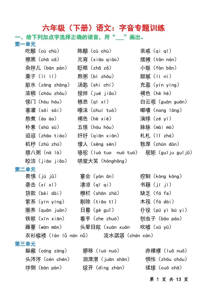 六下语文字音专题训练（含13页）-大象资料网