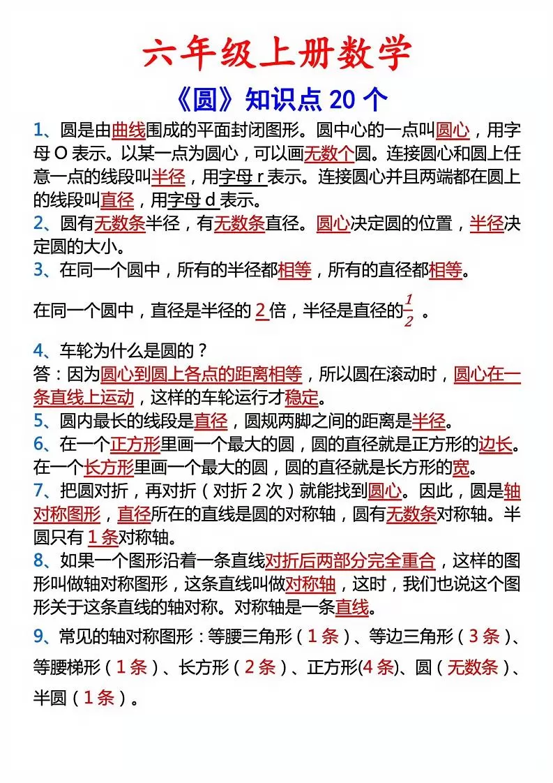 六年级上册数学圆的20个考点-大象资料网