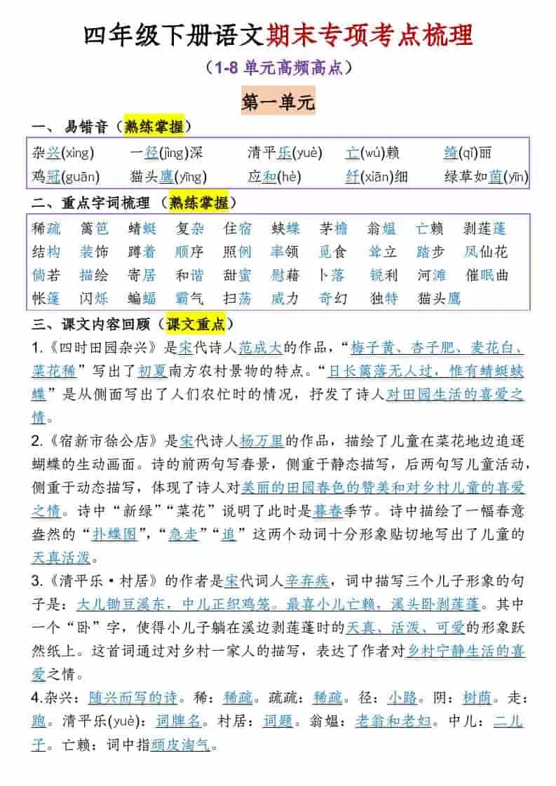 四年级下语文1-8单元期末专项考点梳理-大象资料网