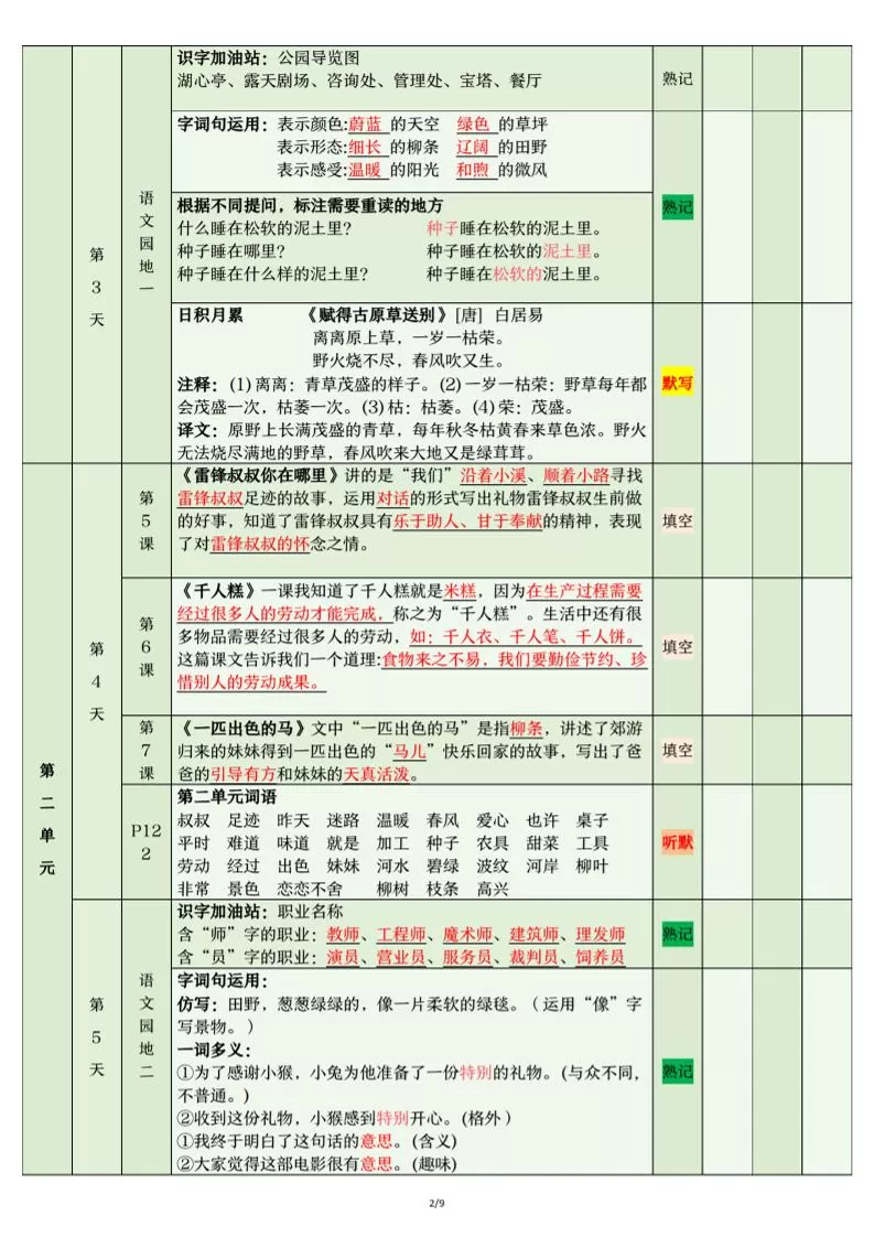 二年级下语文期末复习计划清单