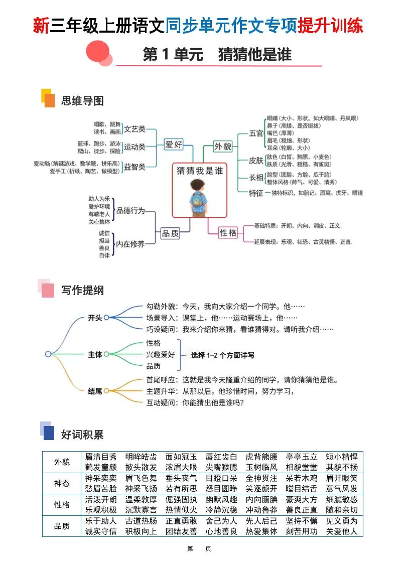 新三上语文同步单元作文专项提升训练（答案版48页）