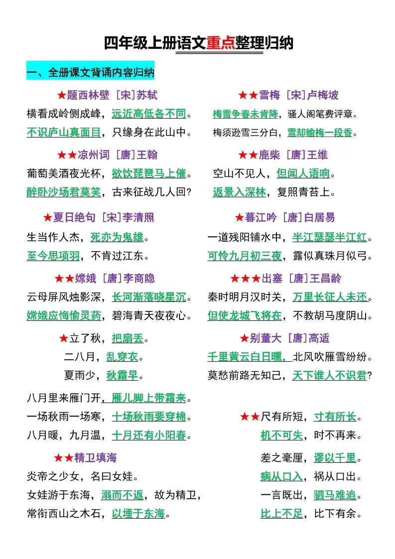 四年级上语文重点整理归纳-大象资料网