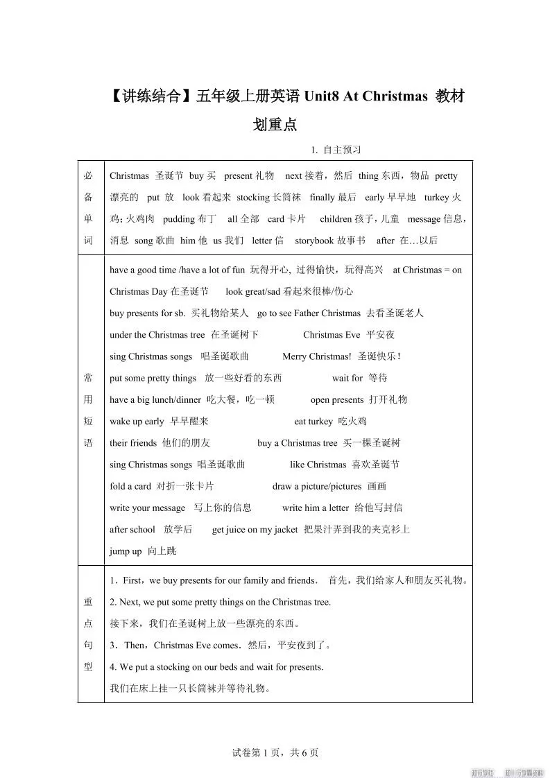 【单元热点难点】译林版（三起）英语五年级上册Unit8AtChristmas教材划重点-大象资料网