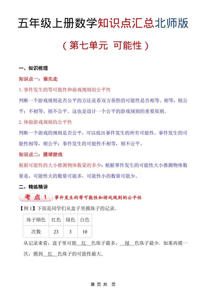 五年级上数学重点知识汇总第七单元《北师版》-大象资料网