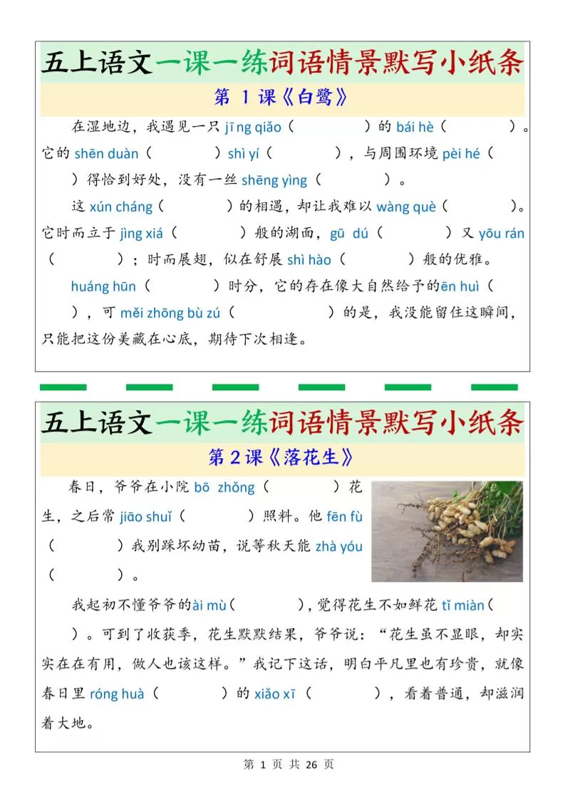 五上语文一课一练词语情景默写小纸条（含答案26页）-大象资料网