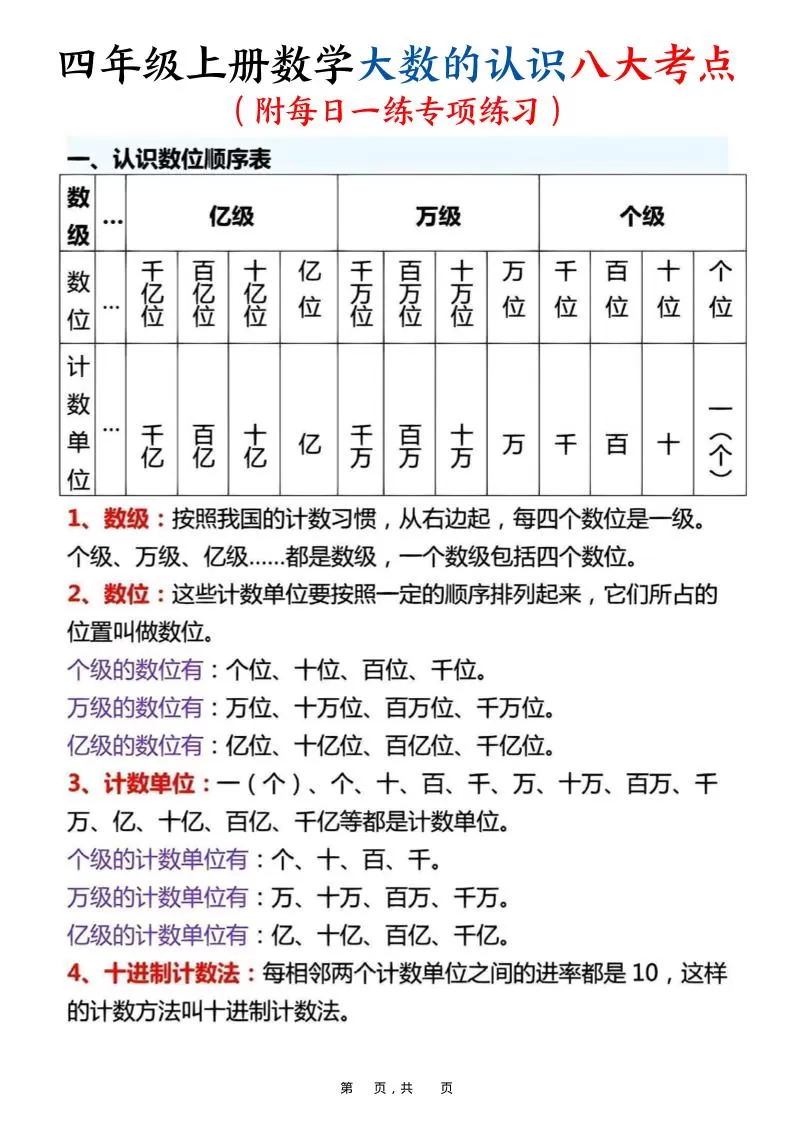 四上数学大数的认识八大考点（附每日一练专项练习）含答案14页-大象资料网