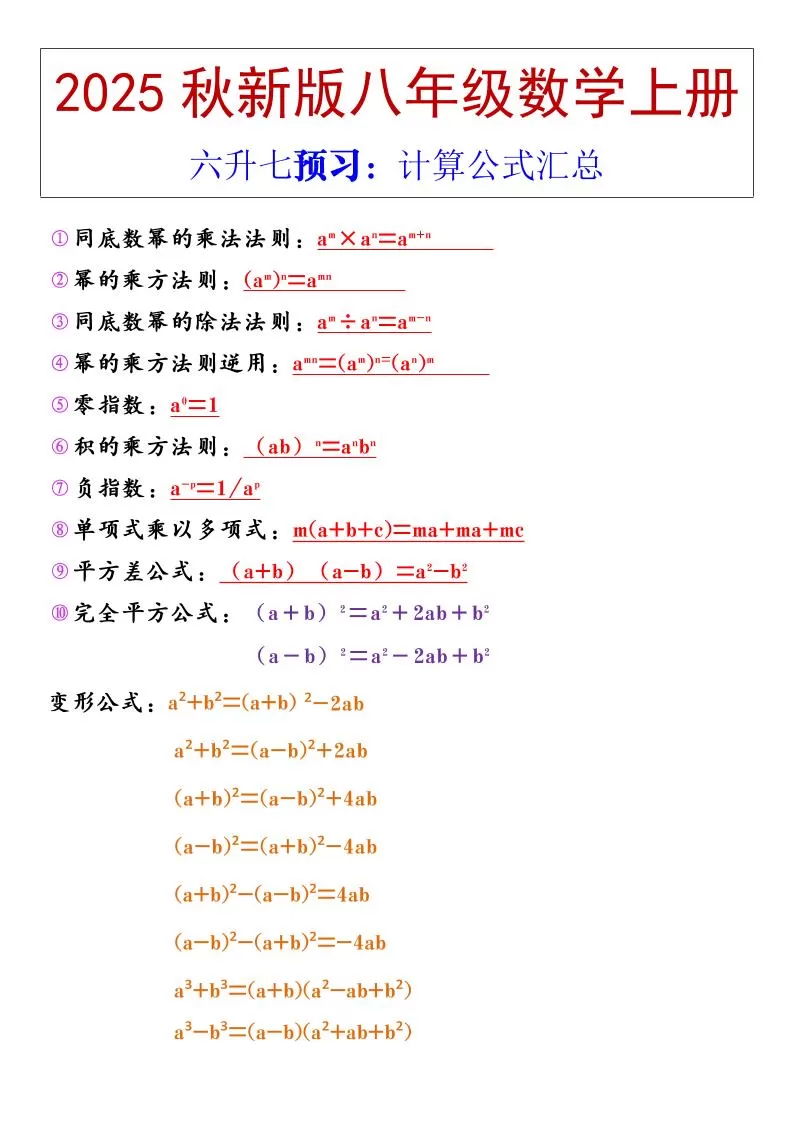 【2025秋新版】八年级上册数学计算公式汇总-大象资料网