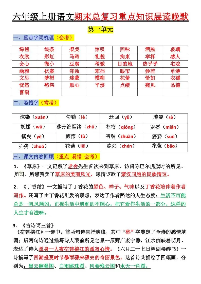 六上语文复习重点晨读单(16页)-大象资料网