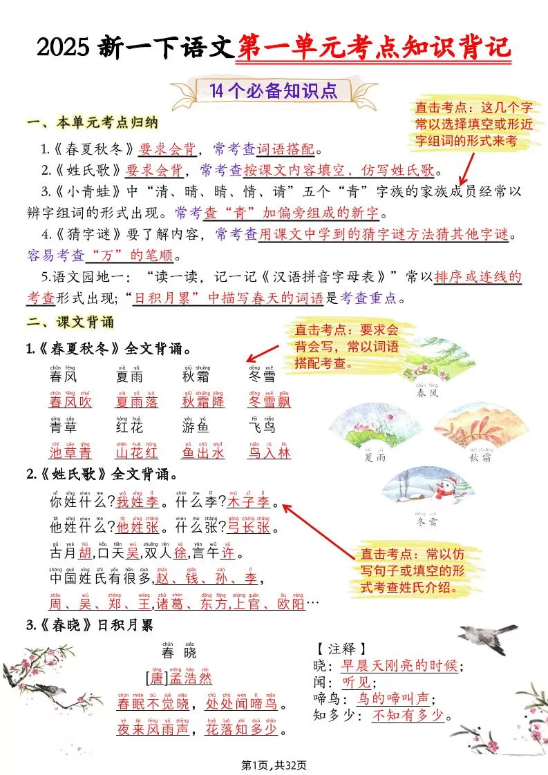 新一下语文1-8单元考点知识背记（32页）-大象资料网