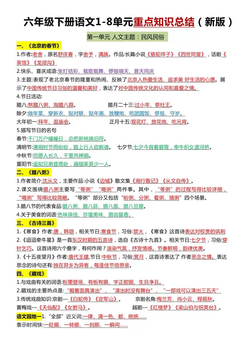 六年级下语文1-8单元常考知识点总结-大象资料网