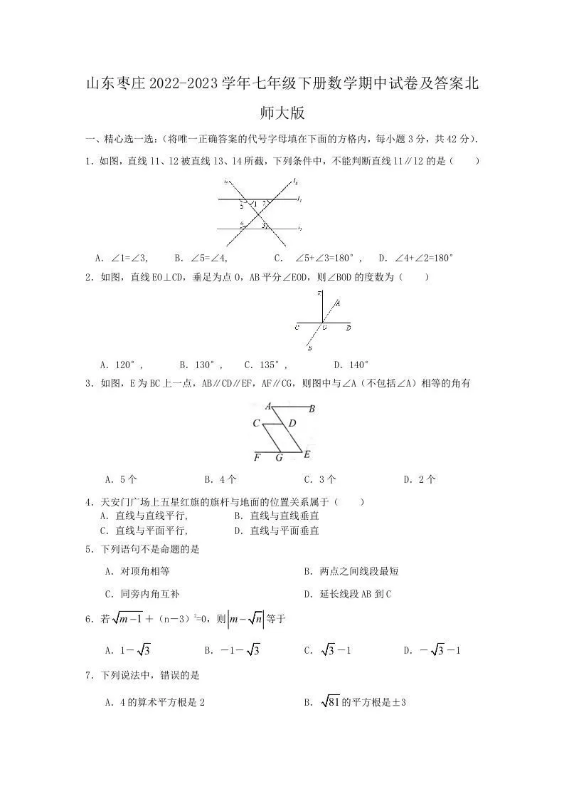 山东枣庄2022-2023学年七年级下册数学期中试卷及答案北师大版(Word版)-大象资料网