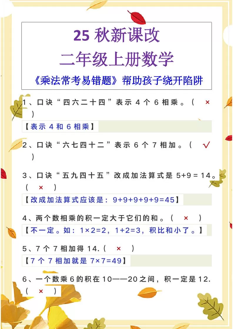 【2025秋新版】二年级上册数学《乘法常考易错题》-大象资料网