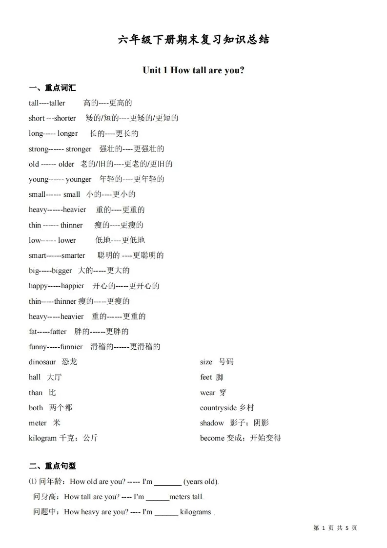 六下人教版PEP英语期末复习知识总结-大象资料网