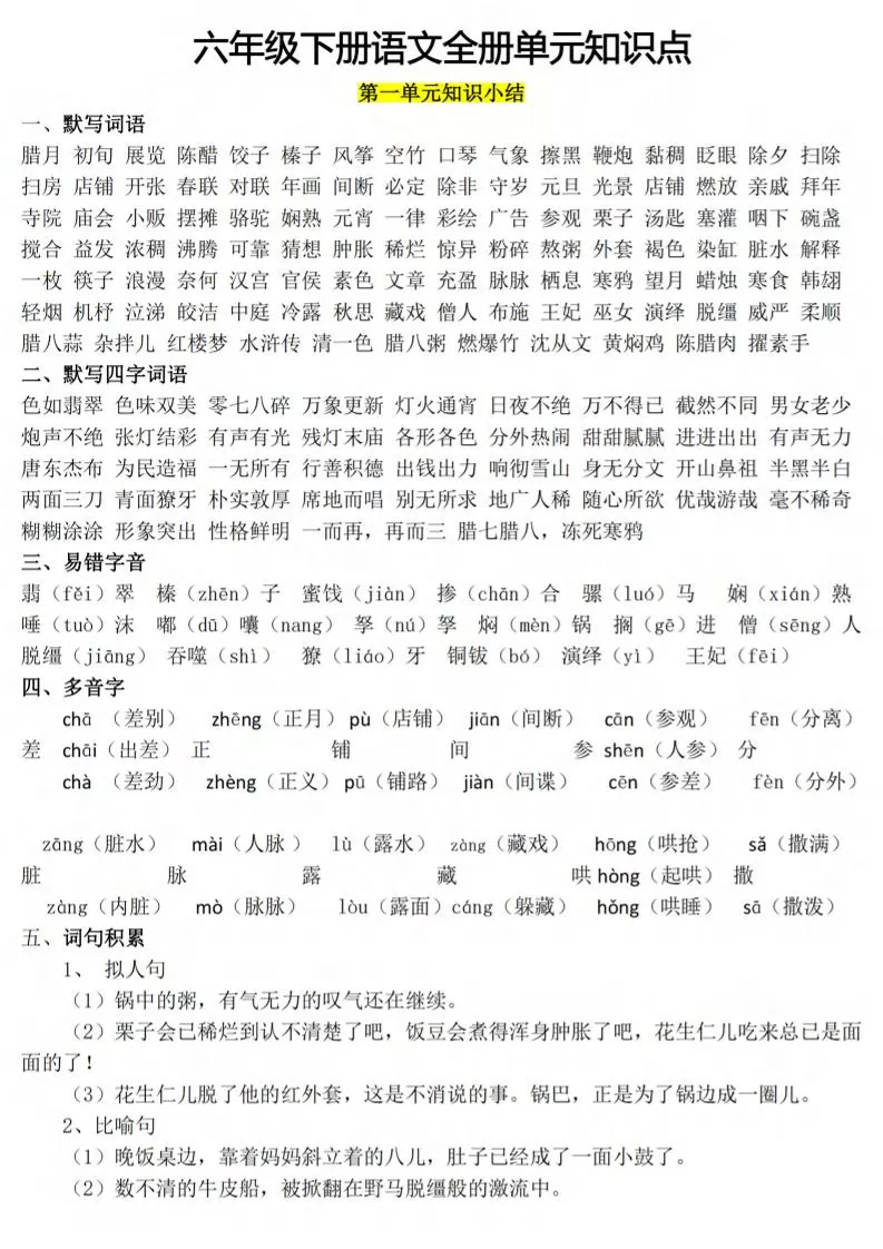 六下语文1-8单元知识点汇总-大象资料网