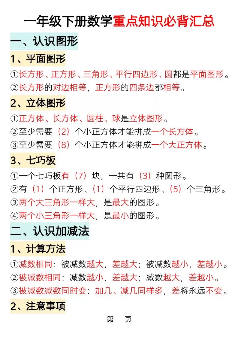 一年级下数学重点知识必背汇总-大象资料网