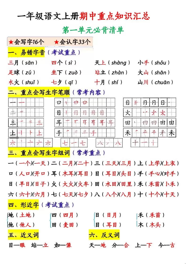 一上语文期中重点知识汇总-大象资料网
