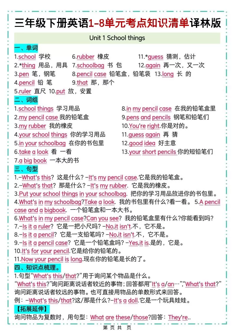 三下译林版英语1-8单元考点知识清单-大象资料网