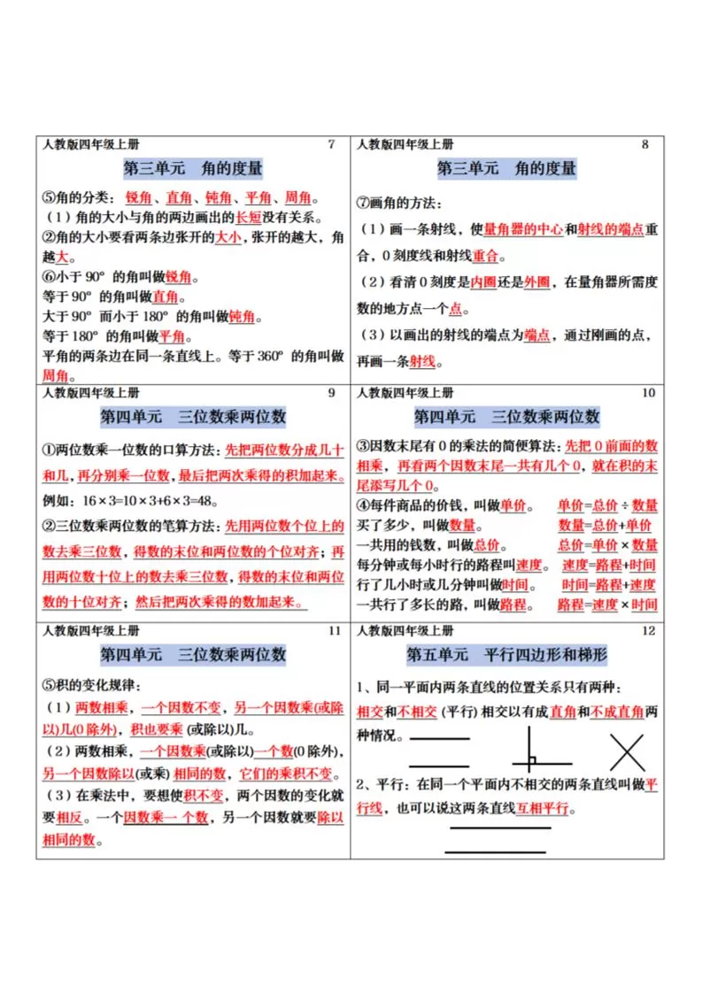 四年级上册数学课课贴