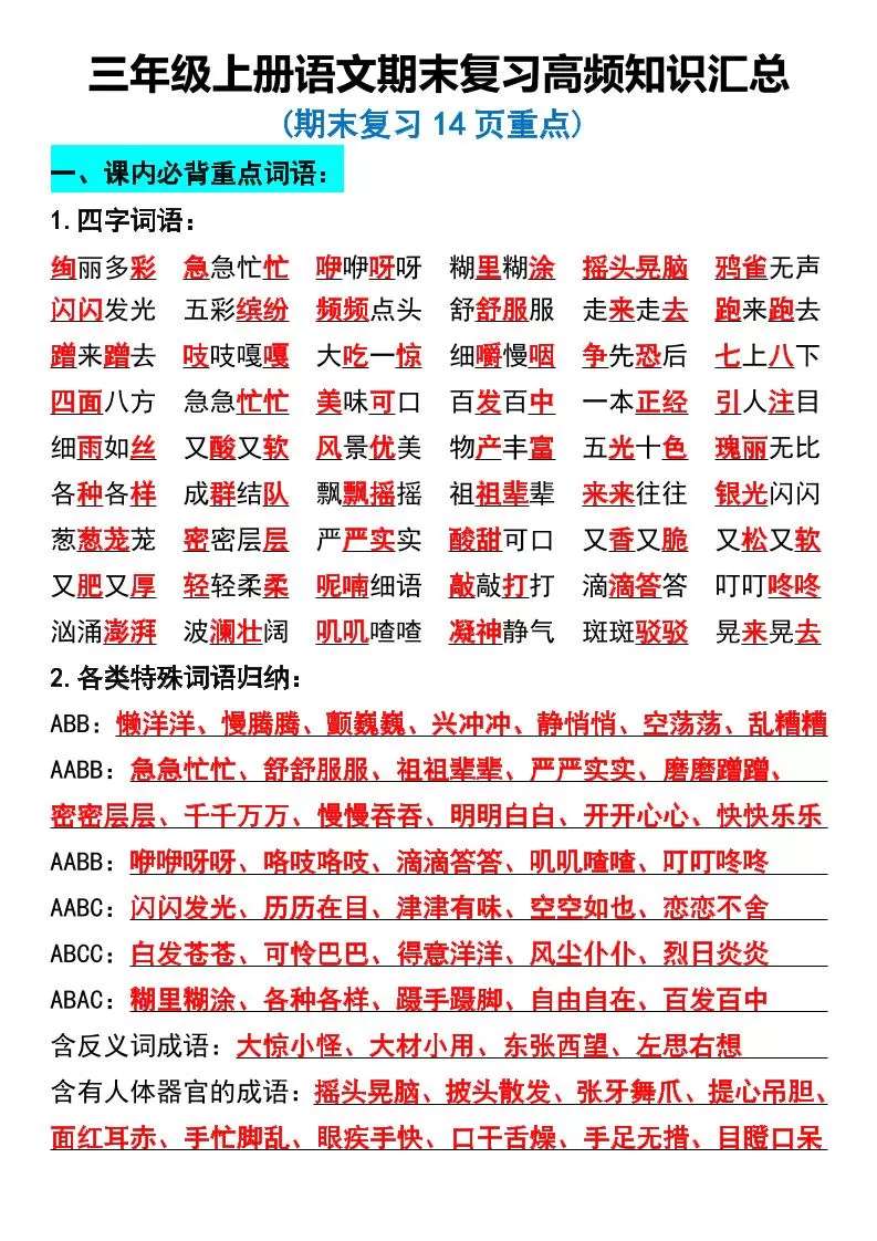 三年级上册语文期末复习高频知识汇总-大象资料网