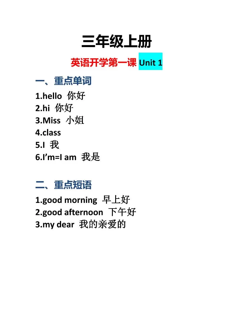 三上英语-开学第一课：Unit1课堂重点-大象资料网
