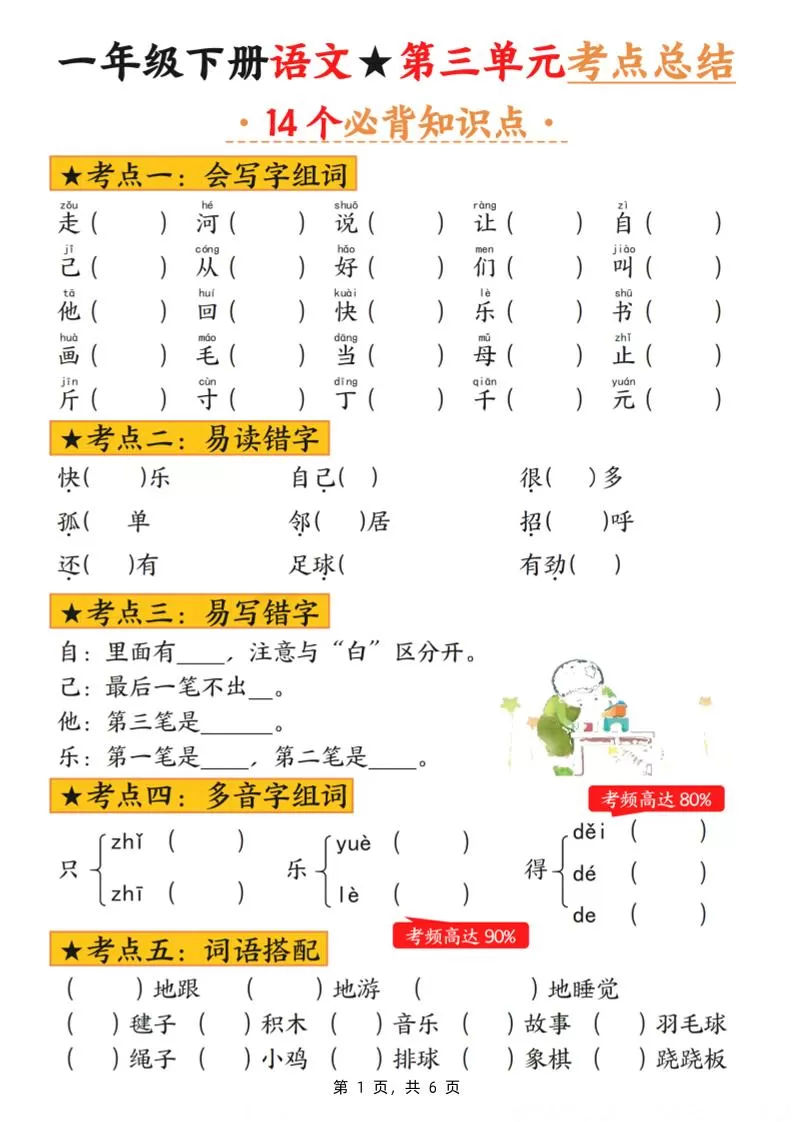 一下语文第三单元考点总结（含练习6页）-大象资料网