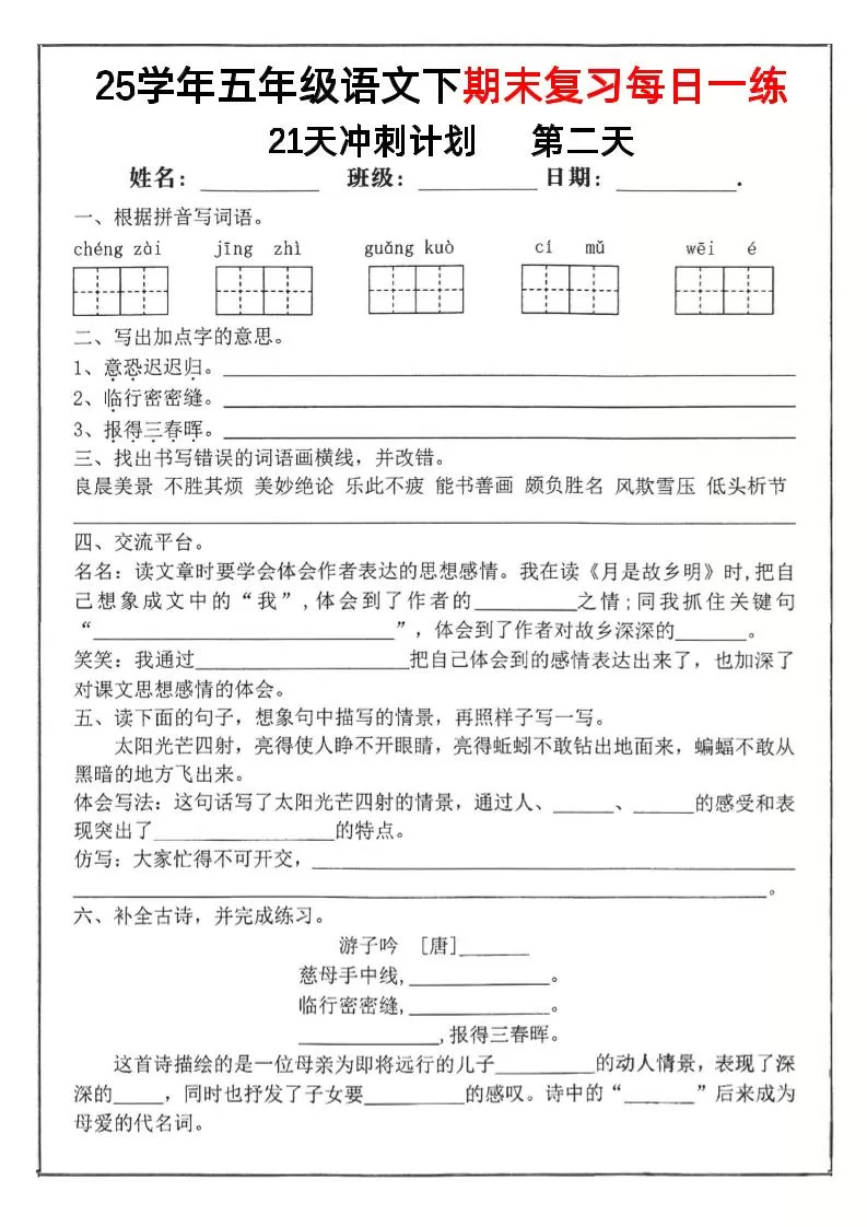 【期末复习冲刺21天计划】五下语文