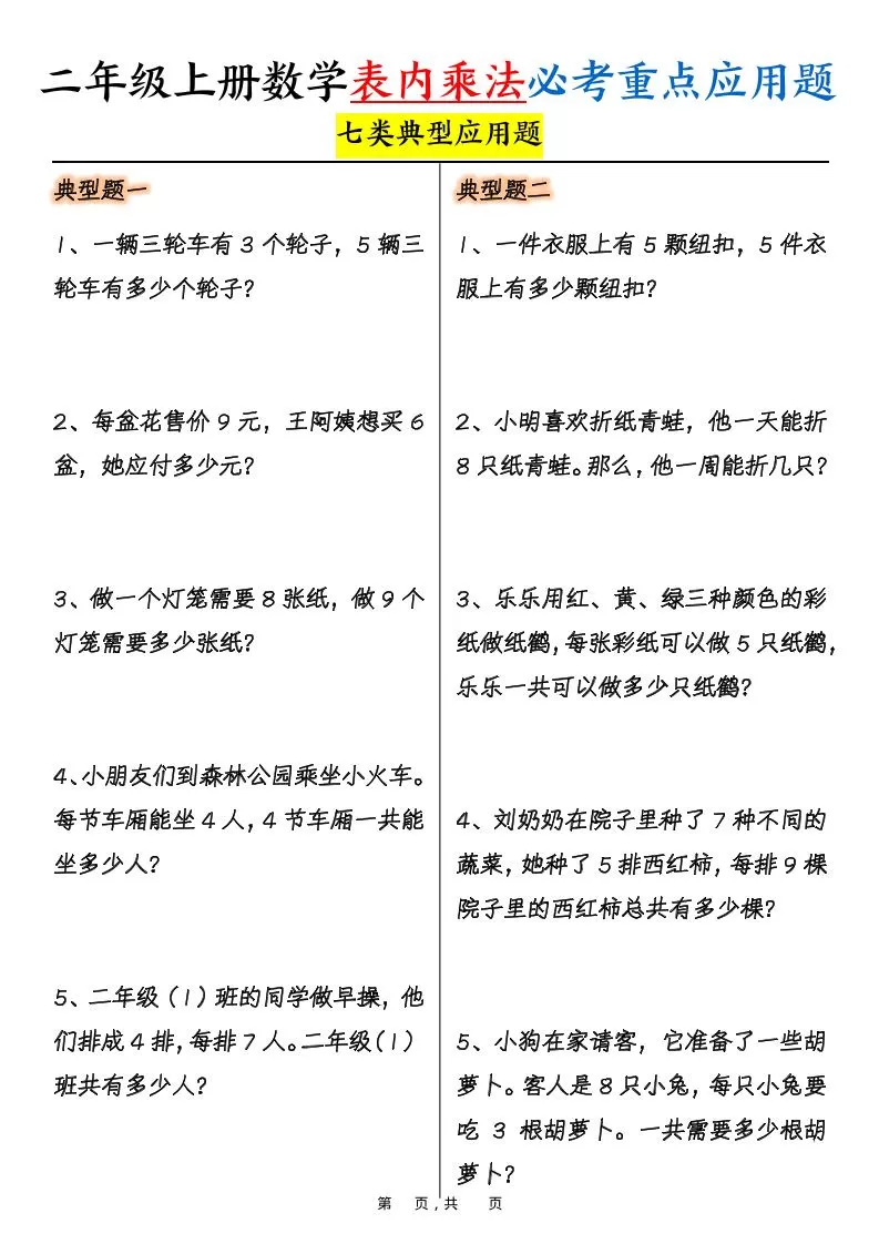 二上数学表内乘法必考重点七类典型应用题（含答案10页）-大象资料网
