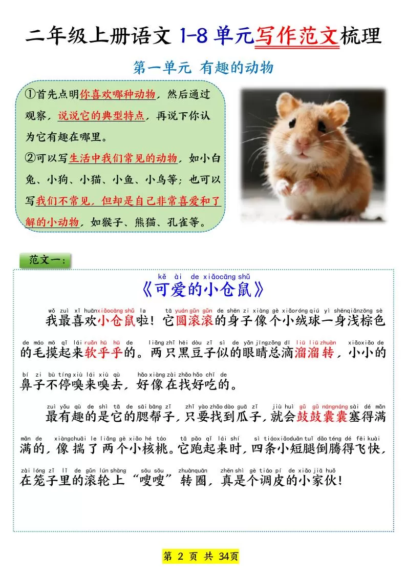 25新二上语文1-8单元看图写话必背范文33篇34页