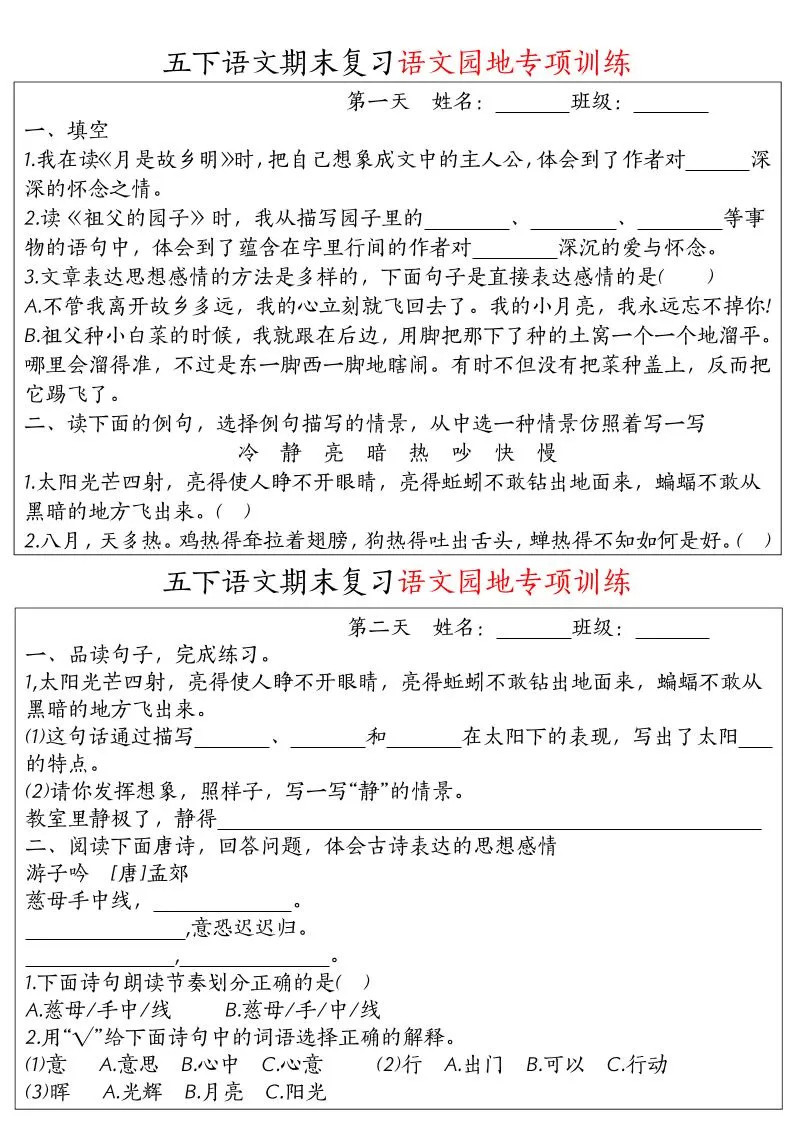 【期末复习语文园地专项训练】五下语文-大象资料网