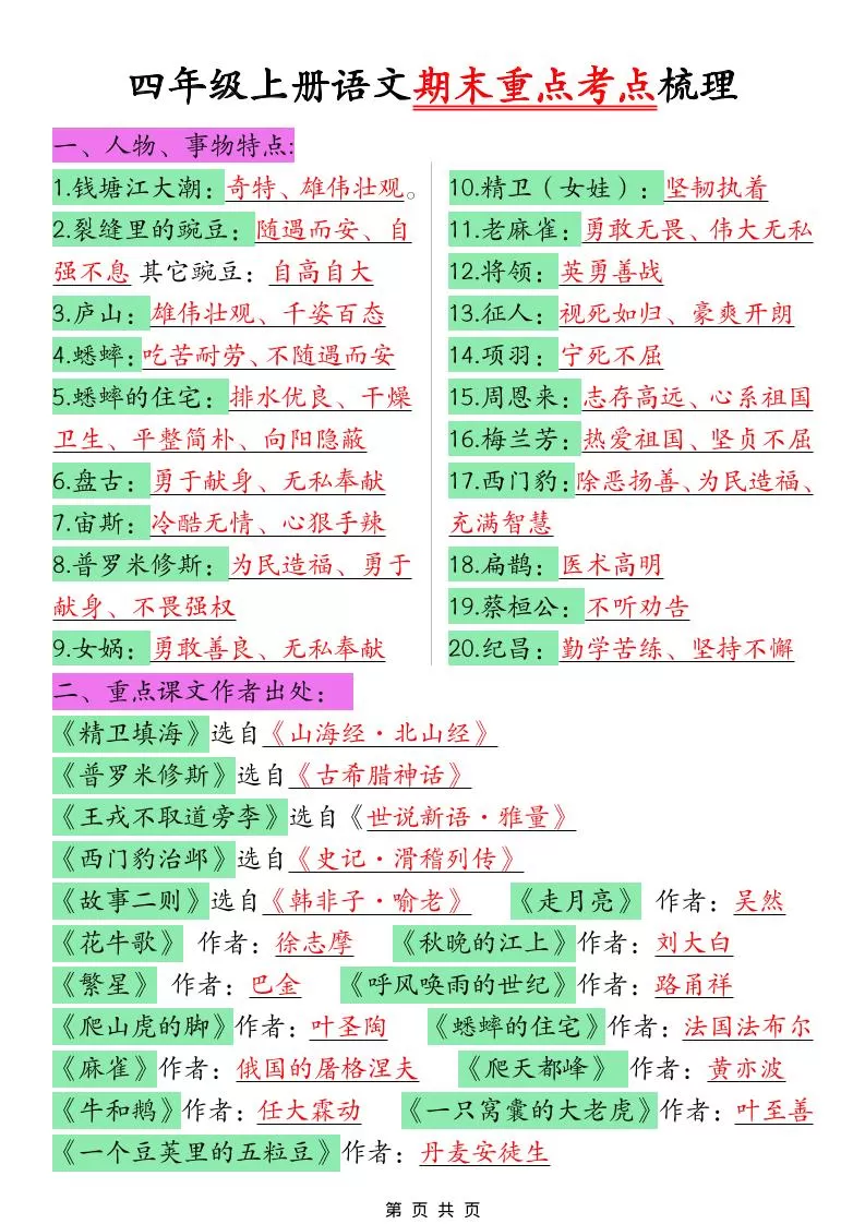 四年级上语文期末重点考点梳理-大象资料网