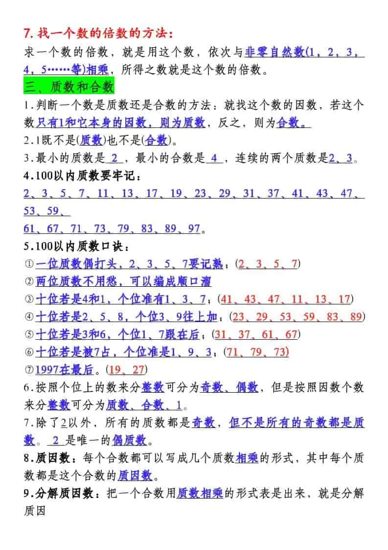 五年级下数学必背知识点总复习汇总