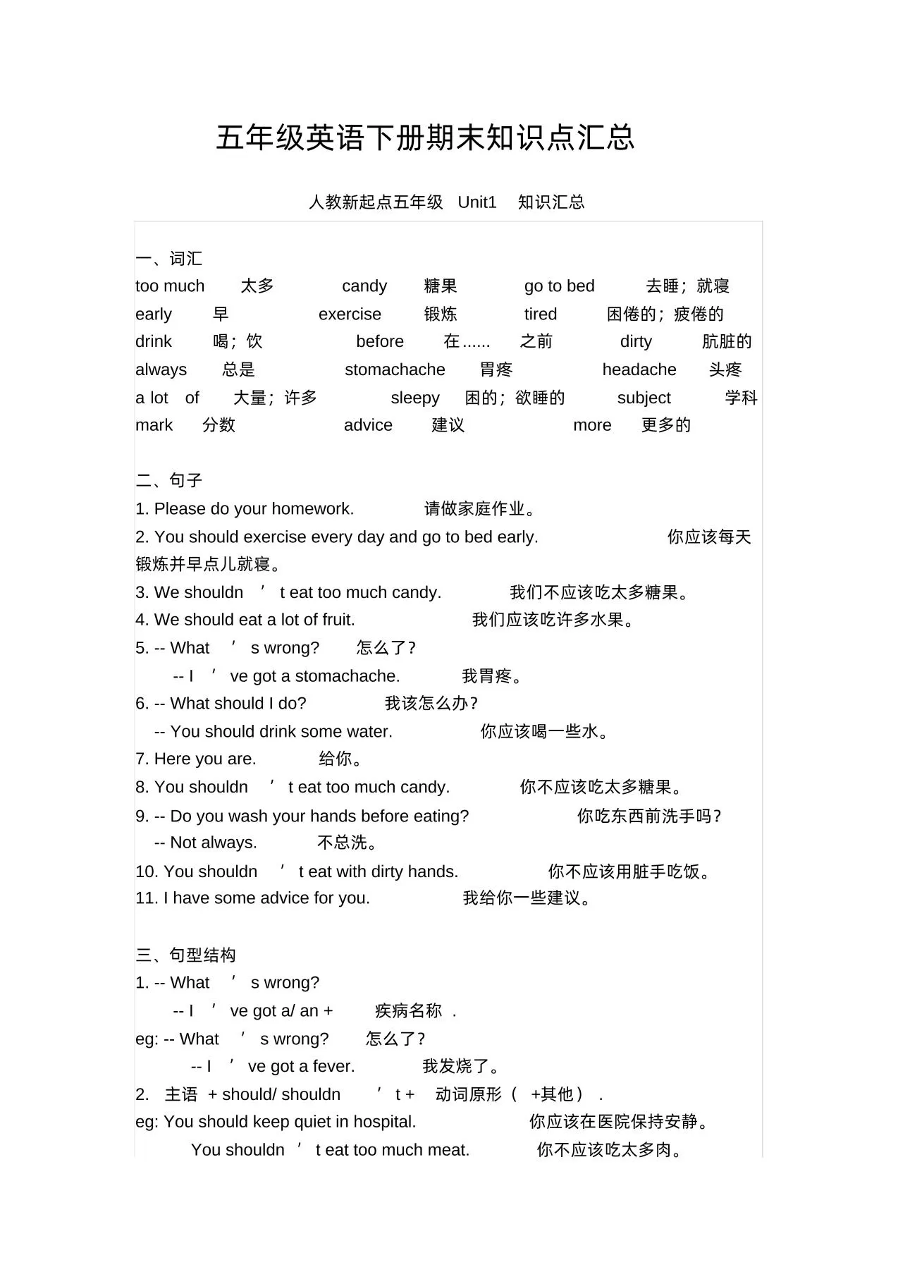 五年级英语下册期末知识清单汇总(人教新起点)-大象资料网