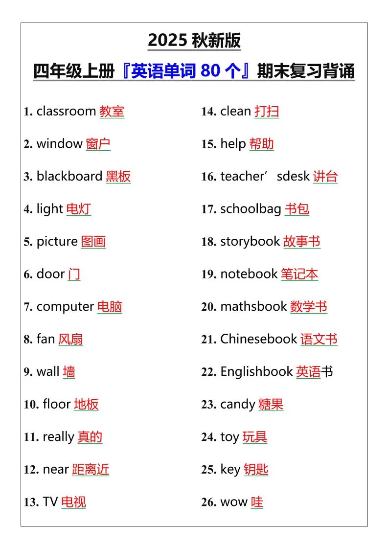【2025秋新版】四年级上册『英语单词80个』期末复习背诵-大象资料网