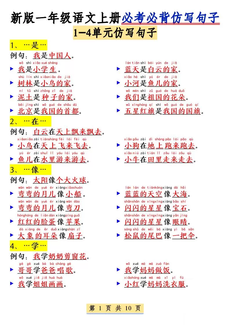 新一上语文必考必背仿写句子(含仿写练习10页)-大象资料网