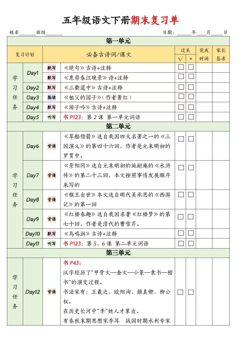 五下语文期末复习单-大象资料网
