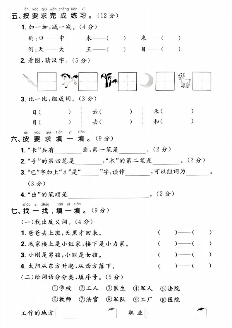 一年级上语文期末名校真题卷-给汉语拼音分类